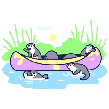 A family of otters is gathered around a dugout canoe floating gently on the water's surface. The otters, with sleek bodies and playful expressions, are peering into the canoe with curiosity. One otter is balanced on the edge of the canoe, while others are swimming nearby, creating small ripples in the water. In the background, there are lush green reeds and bushes lining the water's edge, adding texture to the scene. The sun is casting soft reflections on the water, enhancing the interaction between the otters and the canoe.