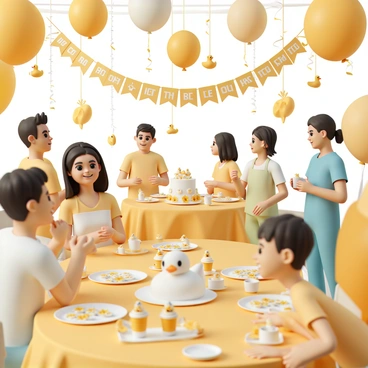 A spacious room decorated in a cheerful yellow color scheme, filled with various rubber ducky-themed decorations. Balloons in shades of yellow float above, some shaped like rubber ducks, while yellow streamers hang from the ceiling. A large banner reading "Welcome to the Baby Shower!" is displayed. Tables are set with yellow tablecloths, featuring centerpieces of small rubber ducks nestled in bright yellow daffodils. There are plates and cups adorned with duck patterns, and a cake shaped like a rubber duck is placed on a table, surrounded by cupcakes topped with yellow frosting and tiny duck cake toppers. Guests are mingling, smiling, and enjoying the festive atmosphere.