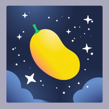 A bright yellow mango with a smooth surface is floating in outer space. The mango is rendered with a slight shine, reflecting lights from nearby stars. Surrounding the mango, there are numerous small white stars twinkling against the dark expanse of space. A few stars are larger, with sharp points, creating a sense of depth in the vast universe. The background is filled with a gradient of dark blues and blacks, emphasizing the mango's vibrant color in this cosmic scene.