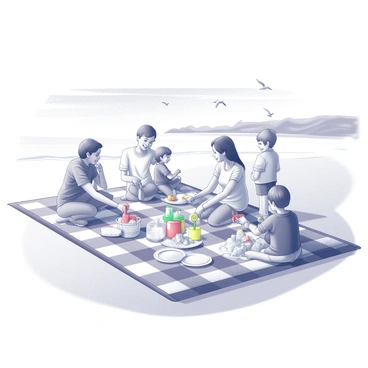 A sandy beach setting with families gathered for a picnic. A large checkered blanket is spread out, featuring various picnic items such as a picnic basket, plates of food, and drinks. Children are playing in the sand, building sandcastles and digging with colorful plastic shovels. In the background, gentle waves crash against the shore, while a few seagulls are flying overhead. Some family members are sitting on the blanket smiling and chatting, while others are standing, enjoying the sunny day and the lively atmosphere.