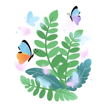 A variety of butterflies with vibrant wings in shades of blue, orange, yellow, and purple are fluttering around a large, lush fern plant. The fern has intricate green fronds that spread outwards, providing a rich backdrop to the butterflies' movements. Some butterflies are delicately resting on the fern leaves, while others are mid-flight, showcasing their wings in various positions. The scene is filled with an array of colors, creating a lively atmosphere around the plant.