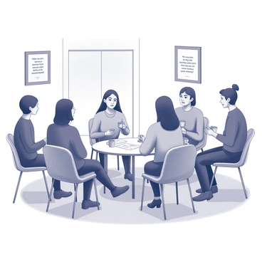 A support group meeting taking place in a cozy, well-lit room. There are several chairs arranged in a circle, with participants seated and facing each other. Each individual appears engaged and attentive, sharing their experiences and offering support. Some people are holding cups of tea or coffee, creating a relaxed atmosphere. A small table with a few informative pamphlets is present in the center of the circle. The participants display a range of body language, indicating openness and understanding. Wall decorations include framed motivational quotes, contributing to a welcoming environment.