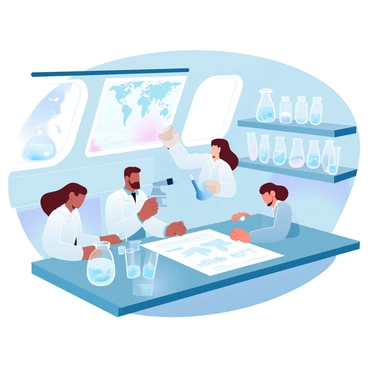 A nautical laboratory aboard a ship is filled with various scientific equipment and tools. Several scientists are engaged in examining ocean samples, with beakers and test tubes arranged neatly on a counter. One scientist is holding a microscope, while another is taking notes from a large chart spread across the table. There are maps of ocean currents and marine life pinned on the walls. Sunlight filters through portholes, creating a warm glow over the workspace. A large shelf is stocked with jars containing preserved marine specimens.