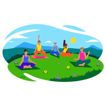 A group of five people practicing yoga on a bright green hilltop. The sun shines down, casting warm light on their figures. They are positioned in various yoga poses, such as "Warrior II" and "Tree Pose." In the background, a panoramic view reveals distant mountains and a clear blue sky. Each person wears colorful yoga attire, with two individuals in vibrant blue and yellow outfits. The hill is dotted with wildflowers in shades of purple and yellow, adding splashes of color to the scene.
