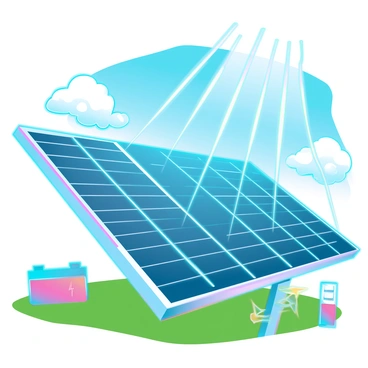 A solar panel with a sleek, rectangular design is mounted on a roof, angled to capture sunlight. Bright sunlight is visibly streaming down, illuminating the panel's surface. Surrounding the solar panel, electric field lines are depicted as vectors radiating outward, showcasing the flow of energy. The background features a clear blue sky and a few fluffy white clouds, enhancing the focus on the solar panel. The ground below is green grass, suggesting a natural environment where the solar energy is being harvested. In the foreground, small icons representing energy transformation, like light bulbs and batteries, illustrate the conversion of sunlight into energy.