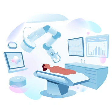 A robotic surgical arm is positioned above a patient on the operating table, carefully adjusting its tools for the procedure. The arm has multiple articulated joints and is equipped with precise instruments designed for delicate tasks. Surrounding the surgical arm are various medical monitors displaying vital signs and detailed graphs. The operating room is well-lit with bright overhead lights, and sleek, stainless steel equipment is neatly arranged on counters. The walls are painted in soft, neutral tones, creating a calm environment for the surgery.