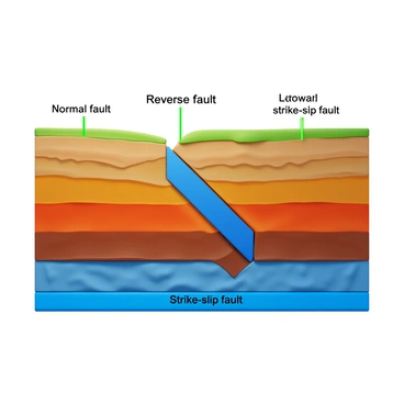 A geological cross-section diagram showcasing various types of fault lines. The diagram includes a representation of a normal fault, displaying the hanging wall moving down relative to the footwall. A reverse fault is illustrated, where the hanging wall moves up over the footwall. A strike-slip fault is depicted, highlighting lateral movement between two blocks of rock. Each fault line is labeled clearly with the terms "Normal Fault," "Reverse Fault," and "Strike-Slip Fault." The background features layers of sedimentary rock with distinct colors and textures, emphasizing the geological context.