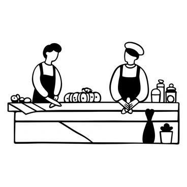 Sushi chefs wearing traditional attire are positioned behind a wooden counter, diligently preparing sushi rolls. One chef is expertly slicing fresh fish with a sharp knife, while another chef is rolling sushi rice and seaweed with precision. A bamboo mat is laid out on the counter, and various ingredients such as avocado, cucumber, and fish are neatly arranged nearby. In the background, there are containers holding sauces and garnishes. The atmosphere conveys a sense of focus and craftsmanship in the art of sushi making.