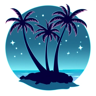 A dark silhouette of a tropical island is set against a deep blue starry night sky filled with shining stars. The island features several tall palm trees with long, curved trunks and lush, fan-shaped leaves. The palm trees are gently swaying in the breeze, creating a sense of movement. The outline of the island is rugged and irregular, with a few gentle hills and sandy shores. The twinkling stars cast a soft glow over the scene, enhancing the tranquil ambiance.