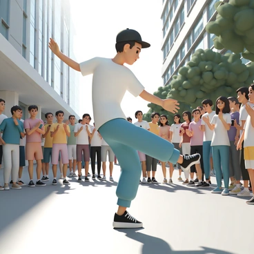 A breakdancer, wearing a black baseball cap, a white t-shirt, and baggy blue jeans, is performing an impressive move on a busy city street. He is in mid-spin, with one arm extended and legs elevated, showcasing his skill. A diverse crowd is gathered around him, consisting of people of various ages and ethnicities, with some clapping and others recording the performance on their phones. Surrounding buildings are modern, with large windows reflecting the bright sunlight, and a few trees line the sidewalk, adding a touch of greenery to the urban scene.