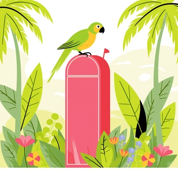 A vibrant parrot with green and yellow feathers is perched atop a tall, red mailbox. The mailbox has a classic design with a curved top and a small flag raised. Surrounding the mailbox is a dense jungle filled with lush green foliage, tall palm trees, and colorful tropical flowers. Sunlight filters through the leaves, creating dappled patterns on the ground. The parrot looks around with curiosity, its beak slightly open.
