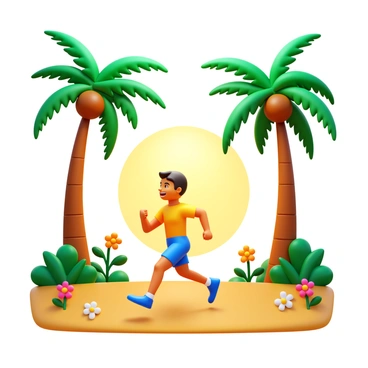 A runner in a bright athletic outfit is jogging through a vibrant tropical landscape. Tall palm trees with lush green fronds are swaying gently in the breeze. The ground is covered with soft, sandy soil, and colorful flowers are blooming along the path. The sun is rising in the sky, casting warm, golden light across the scene. The runner has a look of joy and determination on their face as they navigate this picturesque environment.