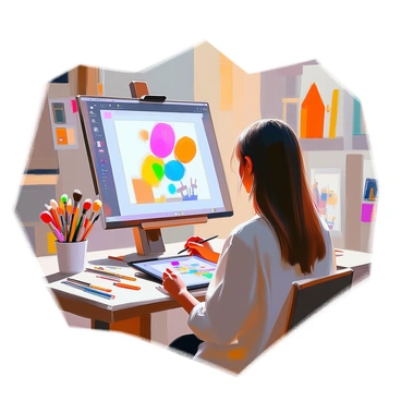 An online tutorial session is taking place, featuring an artist with medium skin and long brown hair, sitting at a well-lit desk filled with art supplies. The artist is positioned in front of a computer screen displaying a digital canvas where colorful illustrations are being created. On the desk, there are various sketchbooks, a tablet, and a collection of brushes and pencils. The artist is demonstrating a technique with a stylus in hand, while viewers can be seen engaging in the process, following along with their own materials. The background features shelves adorned with art books and completed artwork, adding to the creative atmosphere of the scene.