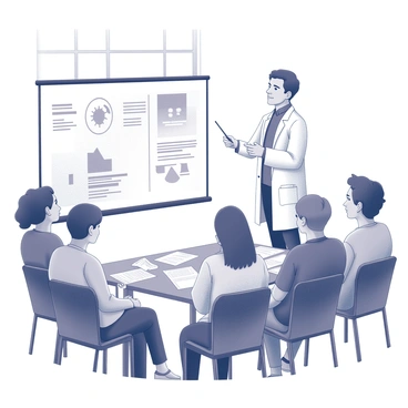A doctor standing in front of a community group, engaged in a presentation about disease prevention. The doctor is wearing a white lab coat and holding a pointer, directing attention to a large presentation board displaying key concepts and diagrams. The audience consists of adults of various ages, seated in a semi-circle, attentively listening and taking notes. The room is well-lit, with a table at the front holding medical pamphlets and healthcare materials. A large window in the background allows natural light to enter the space.