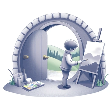 A small hobbit artist is positioned at the entrance of their hobbit hole, which features a round door with a brass doorknob. The artist, with curly hair and wearing snug, earth-toned clothing, holds a paintbrush and looks intently at the landscape. The view outside includes rolling green hills and distant trees. Scattered around the doorway are various art supplies, such as paint tubes, brushes, and a palette dotted with colors. The artist's easel stands firmly on the grass, displaying a partially finished landscape painting that mirrors the breathtaking view before them.