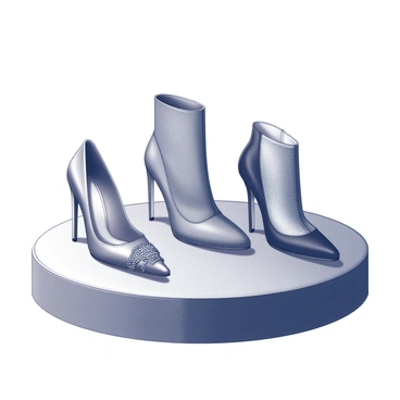 A display of high-fashion shoes arranged elegantly on a velvet podium. The shoes are diverse in design, featuring various styles such as stiletto heels, ankle boots, and loafers. Each pair showcases intricate details like embellishments, unique textures, and striking silhouettes. The velvet podium has a rich texture that adds depth to the presentation. Soft lighting gently highlights the shoes, creating subtle shadows and emphasizing their features. The overall composition conveys a sense of luxury and sophistication.