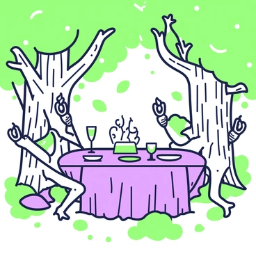 A magical dining table is set in the center of an enchanting forest. It is surrounded by large, lush trees with thick trunks. The table is elegantly crafted, with intricate carvings along the edges. Around the table, enchanted fourchettes are animatedly dancing. Each fourchette has a unique design, with swirling patterns along the handles, and they move gracefully as if celebrating a joyful occasion. On the table, there are sparkling plates and goblets filled with colorful liquids. Ambient light filters through the leaves, casting soft, dappled shadows on the ground.