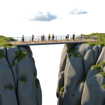 A bridge labeled "Constructive Criticism" spans between two rocky cliffs. The bridge is made of sturdy wooden planks with metal railings on both sides. Several people of diverse backgrounds are walking across the bridge; some are engaged in conversation, while others appear deep in thought. The cliffs are steep and rugged, with patches of green vegetation visible among the gray rocks. The sky above is clear with a few fluffy white clouds, creating a bright atmosphere.