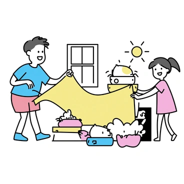 Two siblings are in a living room, creating a fort using colorful blankets and soft cushions. The boy, wearing a blue t-shirt and red shorts, is lifting a vibrant yellow blanket to drape it over a chair. The girl, dressed in a pink dress, is stacking fluffy cushions to form the fort's walls. They are both smiling and giggling, surrounded by an assortment of pillows and playful patterns. Sunlight streams through a nearby window, casting a warm glow on their cheerful activity.