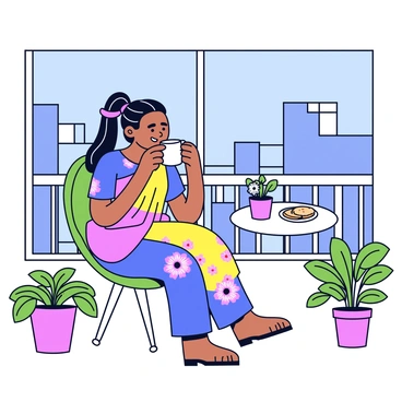 An Indian woman sitting comfortably on a balcony, sipping coffee from a white ceramic mug. She has long black hair tied back in a loose braid, wearing a colorful traditional kurta with floral patterns. The balcony is adorned with green potted plants and flowers, adding a touch of nature. In the background, a cityscape is visible, featuring modern buildings and a clear blue sky. A small table next to her holds a plate with a few biscuits.