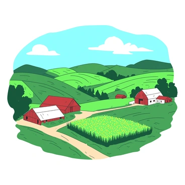 A vibrant rural landscape features sprawling green fields dotted with yellow wildflowers. There are several white wooden farmhouses positioned amidst the fields, each with a red barn nearby. The fields are segmented, showcasing rows of crops, while a dirt path winds through the landscape, leading to a blue sky with fluffy white clouds. In the background, rolling hills create a gentle horizon, accentuating the beauty of the agricultural setting.