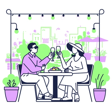 A couple is seated at a small round table in an outdoor café. The man is wearing a casual shirt and sunglasses, while the woman has a light summer dress and a wide-brimmed hat. They are laughing and clinking glasses filled with sparkling drinks. A plate of colorful appetizers sits on the table between them, with olives and cheese arranged artfully. Surrounding the café, there are potted plants and string lights hung above, creating a cozy atmosphere as the sun begins to set. In the background, small tables with other patrons can be seen, and the silhouette of a quaint town is visible as they prepare to stroll through the streets.