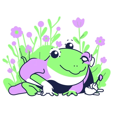 A frog is crouched among a garden abundant with flowers. The frog has large eyes and a smooth skin texture, with its limbs delicately positioned as it tends to the plants. Surrounding the frog are various flowers with distinct shapes and sizes, each displaying vibrant colors. The flowers have rounded petals and tall stems, reaching up towards the sky. In the background, there are green leaves framing the scene, providing a lush atmosphere. The frog holds a small gardening tool in one of its front legs, focused on nurturing the plants.
