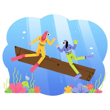 A pair of scuba divers are swimming through clear blue water near a shipwreck resting on the ocean floor. One diver has bright red fins and a yellow wetsuit, while the other wears green fins and a blue wetsuit. Colorful coral and small schools of fish surround the shipwreck, which is partially covered in seaweed. Sunlight beams penetrate the surface, illuminating the scene with a gentle glow. The divers are exploring the rusted hull of the ship, pointing out interesting features to each other.