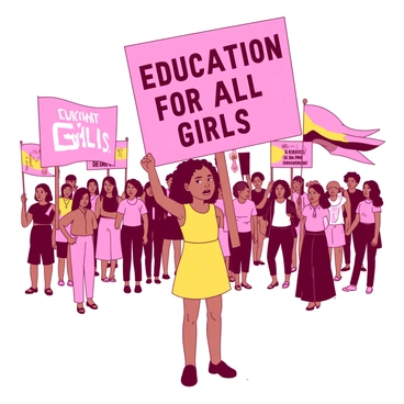 A young girl with dark hair is standing at a peaceful rally, holding up a large sign that reads "Education for All Girls" in bold letters. She is wearing a bright yellow dress that contrasts with the pink background of the rally, and she has a determined expression on her face. Around her, a diverse group of people is gathered, all holding similar signs in support of girls' education. Colorful banners are waving gently in the breeze, adding to the vibrant atmosphere of the event.