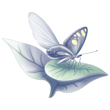 A butterfly perched on a green leaf. One wing is beautifully colored with intricate patterns, showcasing various shapes and motifs, while the other wing is transparent, revealing the delicate veining structure underneath. The butterfly's body is slender and segmented, with fine antennae extending upward. The surrounding environment features soft textures of the leaves and subtle highlights.