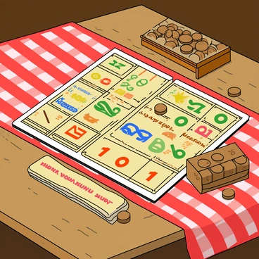 A vintage loto game setup on a rustic wooden table. The table is adorned with a faded red-and-white checkered tablecloth. A set of old-fashioned loto cards is spread out, each featuring colorful numbers and traditional designs. Beside the cards, there is a small wooden box filled with round wooden tokens, each engraved with numbers. A few tokens are scattered across the table, some resting on the cards. The background features soft, warm lighting that enhances the nostalgic atmosphere of the scene.