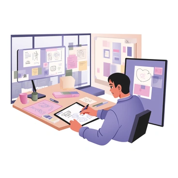 A digital flat illustration depicting a "step-by-step display of an illustration's creation process." The scene is set in a modern studio in Huddersfield, with large windows allowing natural light to stream in. On one side, an artist is at a drawing tablet, focused on creating an illustration. The artist has short black hair and is wearing a blue shirt, with colorful sketches scattered around the workspace. 

In the foreground, there are three panels showing different stages of the illustration process. The first panel displays a rough pencil sketch of the design concept, the second panel reveals the inking stage with bold outlines, and the third panel showcases the final colored illustration featuring vibrant hues. 

On the desk, there are various art supplies, such as brushes, pens, and color palettes, organized neatly. A mood board with images and color swatches is pinned on the wall behind the artist.