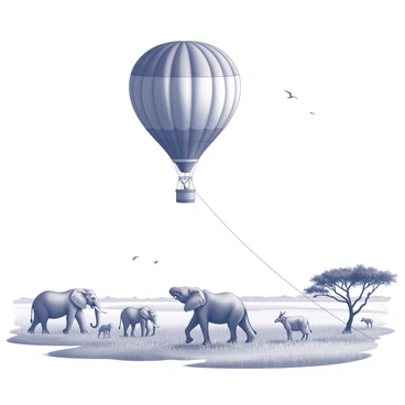 A large gas balloon floating in the air, tethered by ropes. Below, an expansive safari landscape unfolds, featuring a variety of wildlife. A herd of elephants can be seen walking together, while a pride of lions rests under the shade of a tree. Various antelope are grazing in the distance, and birds are flying across the sky. The terrain is dotted with acacia trees and patches of tall grass, creating a natural habitat for the animals. The scene conveys the vastness of the wilderness and the unique perspective from above.