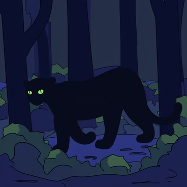 A black panther with sleek fur and glowing green eyes is positioned among tall trees in a dimly lit forest. The panther's body is partially obscured by shadows, with only its eyes clearly visible, radiating a soft light that contrasts against the dark surroundings. The forest is filled with green foliage, and the ground is covered with fallen leaves and twigs, enhancing the sense of concealment.