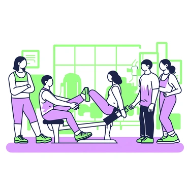 A university gym filled with students actively engaging in fitness activities. In the center, a leg extension machine is occupied by a student, focusing intently as they adjust their position. Surrounding the machine, a group of students are taking turns while chatting animatedly. One student stands with arms crossed, smiling, while another is sitting on a nearby bench, sipping water. The gym features large windows that let in ample light, with workout posters on the walls and various exercise equipment in the background.