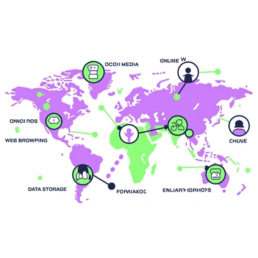 A detailed map is displayed, illustrating the concept of a "digital footprint" and its reach. The map is divided into various regions labeled with terms such as "social media", "online shopping", "web browsing", and "data storage". Each region contains icons representing different digital activities; for example, the "social media" region features icons of people, chat bubbles, and thumbs-up symbols. Arrows extending from each region indicate the connections and reach of these activities, with smaller circles representing individual interactions and data points. A central globe icon symbolizes the global nature of digital footprints. The overall composition is structured to highlight the interconnectedness of the digital landscape.