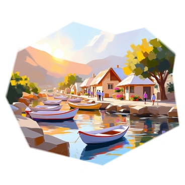 A quaint village situated along the banks of the Jordan River, framed by lush greenery and rolling hills. The scene features several small wooden boats gently floating on the calm water, each displaying different colors and sizes. Charming cottages with thatched roofs and colorful flower boxes line the riverbank, while the soft glow of the setting sun casts warm light over the village. A few villagers can be seen walking along the path by the river, engaging in casual conversation. The overall atmosphere conveys a sense of peaceful rural life.
