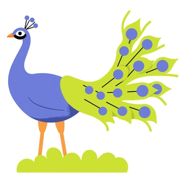 A peacock standing proudly with its tail fully fanned out, showcasing an array of vibrant feathers. The feathers exhibit bright shades of blue and green, with intricate eye-like patterns at the tips. The peacock's body is a rich, deep blue, contrasting against the vivid colors of its tail. The setting includes a patch of lush green grass beneath the peacock, enhancing the overall brilliance of the colors.