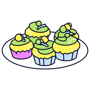 A round platter filled with an assortment of cupcakes. Each cupcake features colorful frosting in various shades of green and yellow. The cupcakes are decorated with edible tennis-themed designs, including small tennis rackets and balls made from fondant. The platter has a clean, white surface, and the cupcakes are arranged neatly, showcasing their vibrant decorations.