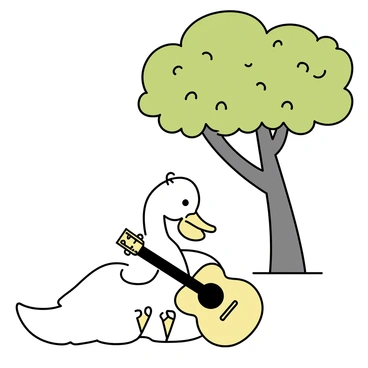 A goose with white feathers is sitting on the ground, holding a small guitar with its webbed feet. The guitar is made of light wood, with intricate designs on its body. The goose is looking down at the guitar, focusing on strumming the strings. Above, a big tree with a thick trunk and a wide canopy provides shade, casting dappled light on the ground. The tree's leaves are a vibrant green, and the scene is serene and tranquil.