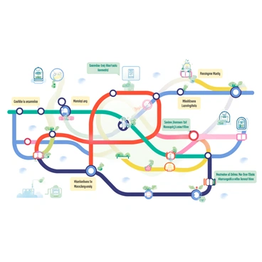 A detailed diagram of a metro railway network is spread across the image. The network features several colorful lines representing different metro routes, including vibrant shades of blue, red, green, and yellow. Each line curves and intersects, creating a complex web. Clearly marked station markers are placed along the lines, displaying names in bold, easy-to-read fonts. Some station markers are circular in shape while others are rectangular, adding variety to the diagram. Additionally, small icons representing various landmarks are scattered around the stations, enhancing the informative aspect of the diagram. The background is a soft gradient that complements the bright colors of the lines and markers, creating a visually appealing overall composition.