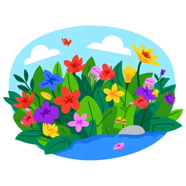 A vibrant array of exotic flowers in full bloom along the Amazon Riverbank. The flowers display a multitude of bright colors, including reds, yellows, purples, and blues. Each flower features unique shapes and textures, with some having long petals while others are more rounded. The lush green foliage surrounds the flowers, enhancing their vividness. In the background, the gentle flow of the river is visible, reflecting the colorful blossoms above. A few butterflies flutter among the flowers, adding movement and life to the scene.