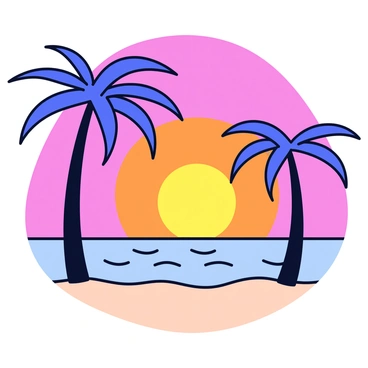 A sunset over a beach with warm orange and pink hues filling the sky. Silhouetted against the vibrant backdrop are tall palm trees with slender trunks and wide, arching fronds. The beach features soft sand and gentle waves lapping at the shore, reflecting the colors of the sunset.