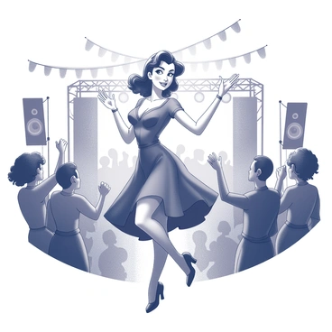 A pinup girl with defined features and stylized hair is dancing energetically in front of a stage. She wears a vintage-inspired outfit, complete with a fitted top and a flared skirt, showcasing her figure. Around her, a lively crowd enjoys the music, with some people clapping and others swaying to the rhythm. The stage in the background is adorned with large speakers and bright lights, contributing to the vibrant atmosphere of the festival. The setting is filled with various festival decorations, creating a lively and festive environment.