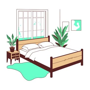 A room featuring a bed made of bamboo with a natural finish, showcasing the texture of the wood. The bed is adorned with white organic linens, creating a clean and fresh appearance. To the side, there is a bamboo nightstand, holding a small potted plant. A soft teal rug is placed under the bed, adding a touch of color to the floor. The walls are painted a light shade, enhancing the room’s brightness. Large windows allow natural light to flood the space, illuminating the sustainable materials used throughout the room.
