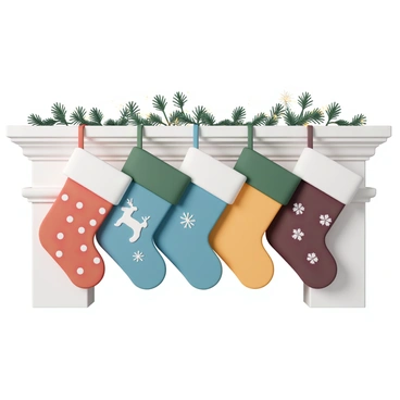 A fireplace mantle adorned with five Christmas stockings, each featuring a unique design. The first stocking is red with white polka dots, while the second is green with a pattern of snowflakes. The third stocking is blue with a festive reindeer motif, and the fourth is gold with silver stars scattered across it. The fifth stocking is a deep burgundy with intricate embroidered holly leaves. Above the mantle, there are strands of evergreen garland intertwined with twinkling fairy lights, enhancing the holiday atmosphere.
