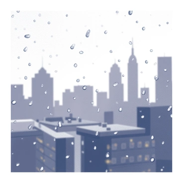 Raindrops sliding down a windowpane, creating a series of streaks. The water droplets vary in size and shape, reflecting light as they move. In the background, the silhouette of a cityscape is visible, with tall buildings and structures appearing blurred due to the raindrops obstructing the view. The scene captures the contrast between the clear raindrops and the indistinct shapes of the city.