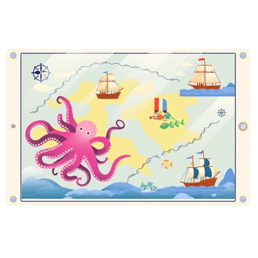A vintage-style nautical map is displayed prominently. The map features detailed illustrations of various sea creatures, including a large octopus with flowing tentacles and colorful fish swimming around. Several sailing ships are depicted, with billowing sails and flags flying high. The map is adorned with decorative compass roses and maritime symbols. Waves and currents are illustrated in soft, flowing lines, adding to the overall oceanic theme of the map.