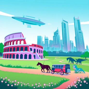 A vibrant landscape depicting a seamless merging of different time periods into one cohesive scene. In the foreground, there is a lush green field dotted with wildflowers under a bright blue sky. To the left, an ancient Roman coliseum stands, its weathered stone contrasting with a futuristic city skyline filled with sleek, glass skyscrapers on the right. In the background, a medieval castle with tall towers and a moat blends into the scene, while a group of dinosaurs roams nearby, creating a dynamic juxtaposition. A steampunk airship floats above, while a horse-drawn carriage travels along a dirt path, connecting the various eras.