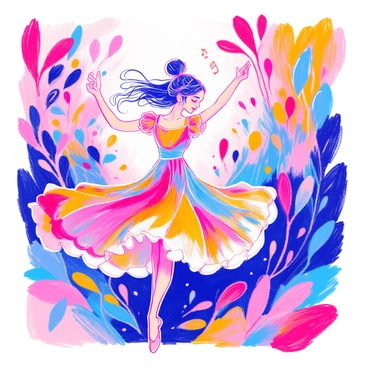 A vibrant illustration features a dancer in mid-motion, captured in a fluid pose. The dancer is wearing a flowing dress that billows around them as they leap. Surrounding the dancer are abstract shapes and forms in various colors and sizes, suggesting movement and rhythm. The shapes swirl and twist, echoing the energy of the dance. Soft curves and sharp angles interact, creating a dynamic composition. The background is filled with splashes of color that enhance the sense of motion and vitality.
